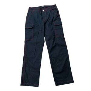 True Religion Black Wide Leg Cargo Pants with Red Stitching